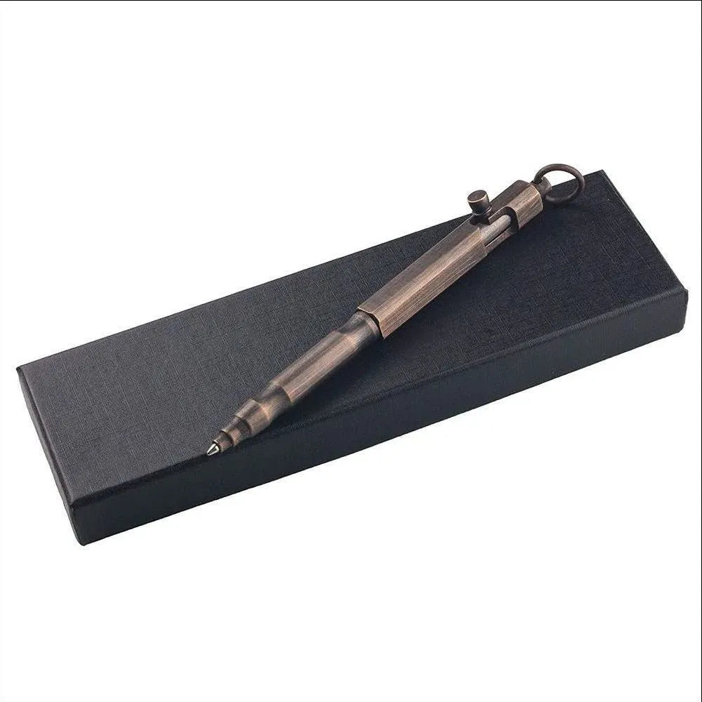 Brass tactical pen with hexagonal bolt machine gun design in brass or black finish