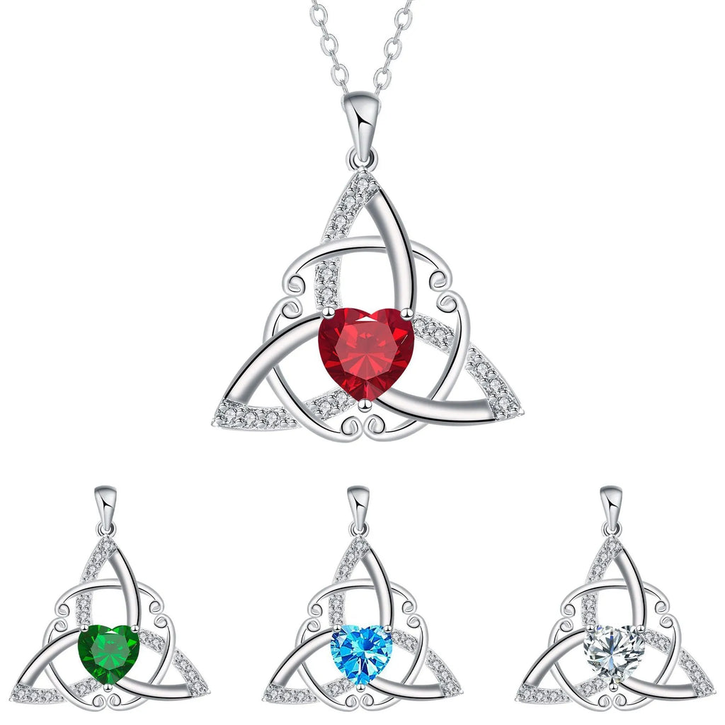 Close-up of a women's Celtic knot pendant necklace with geometric design in a choice of blue, lvzuan, red diamond or white diamond colour.