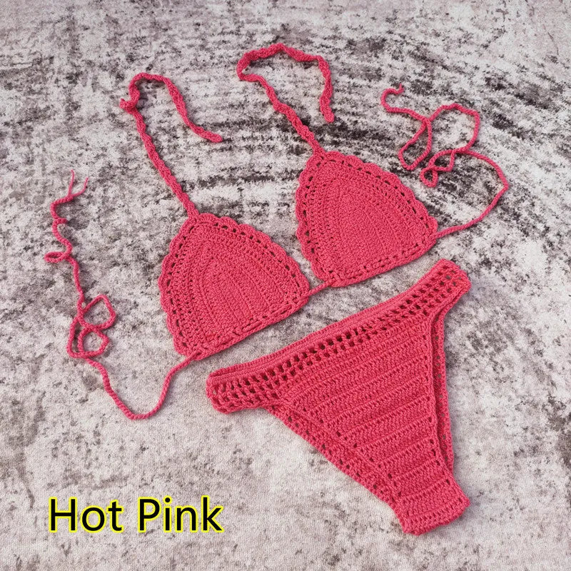 Women's handmade crochet bikini and matching beach skirt swimsuit set in acrylic fabric