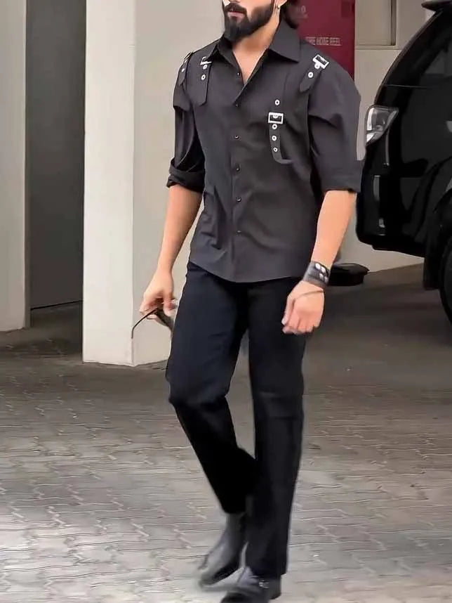 Men's black utility-style button-up shirt with regular fit and button-front design