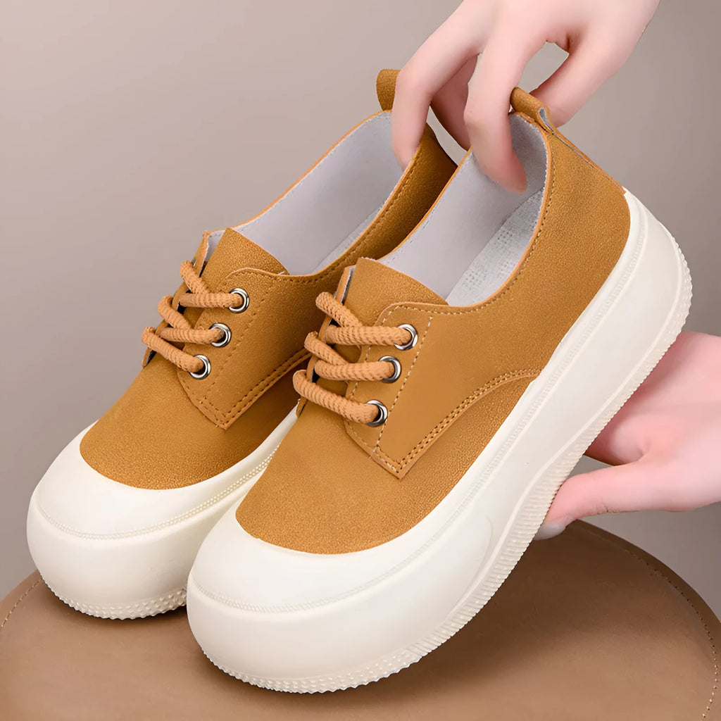 Women's camel suede platform loafers with lace-up front and a flat 4CM rubber sole.