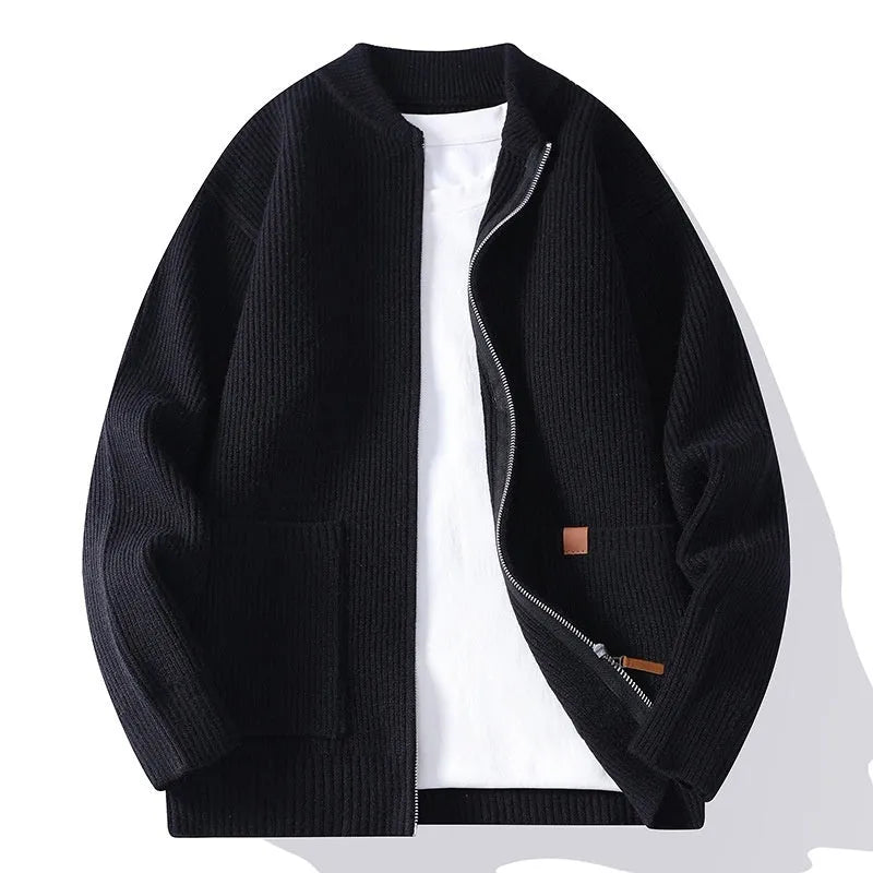 Men's striped sweater cardigan jacket in a polyvinyl alcohol fibre blend, shown in beige colour.