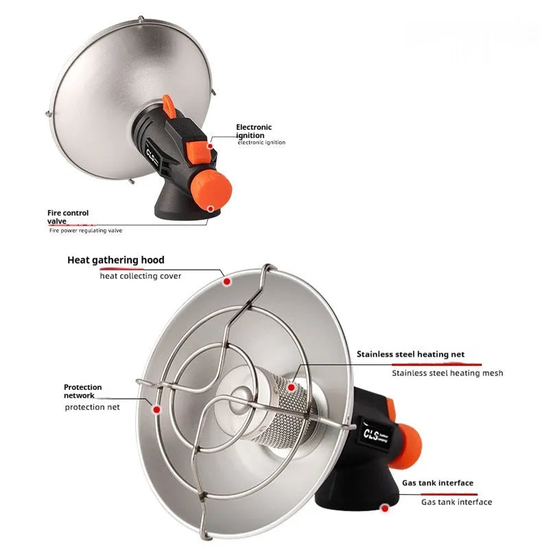Black and orange portable camping heater stove with automatic ignition on a table.