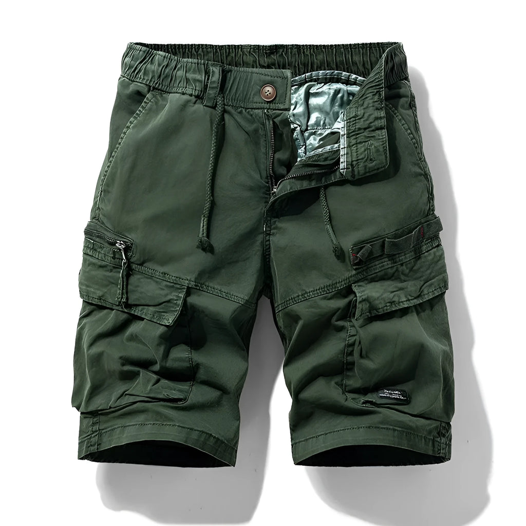 Men's cotton summer shorts with zipper closure and multiple pockets in army green colour