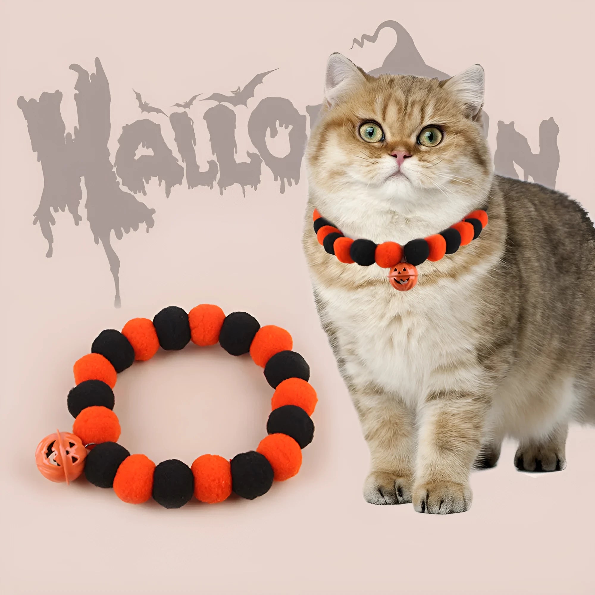 Orange Halloween cat collar with black jack-o'-lantern print and a small detachable fabric pumpkin basket.