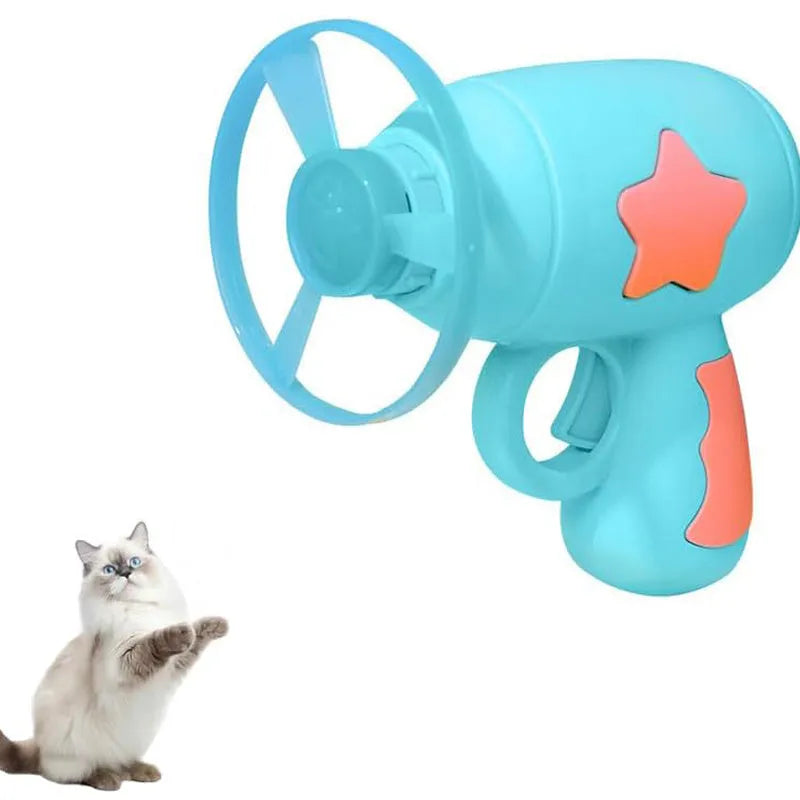 Blue plastic cat toy gun with spinning Frisbee launcher for indoor feline entertainment
