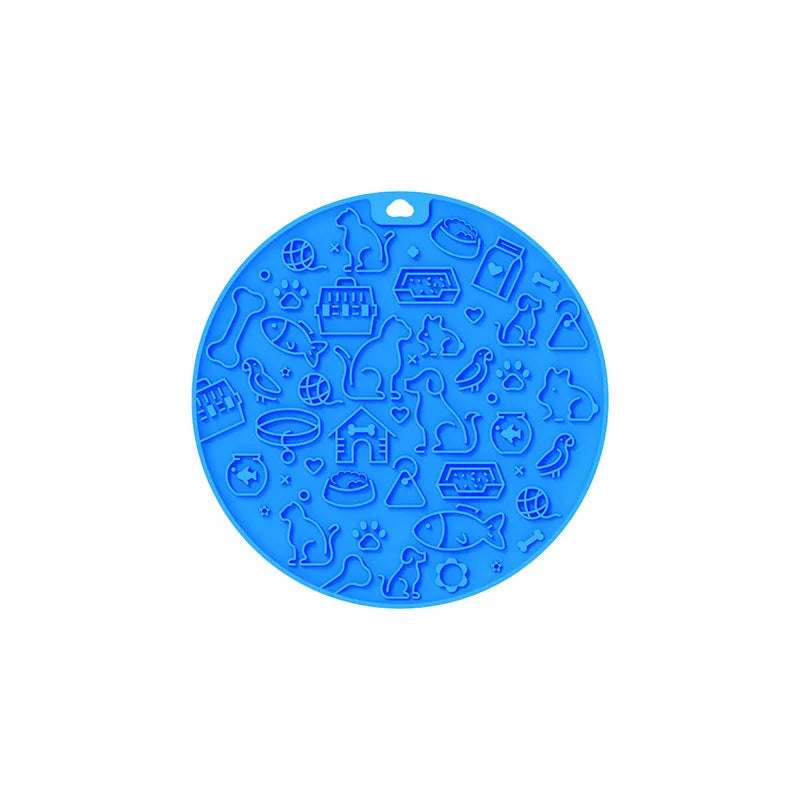 Round blue silicone pet lick mat with suction cup base on a white background.