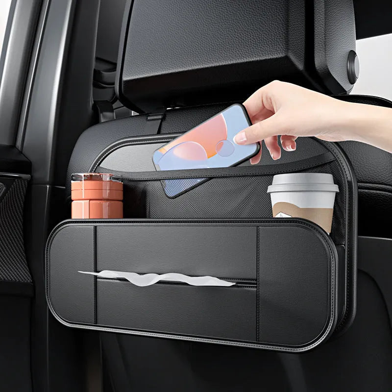 Black leather car seat back storage bag showing box design and dimensions.