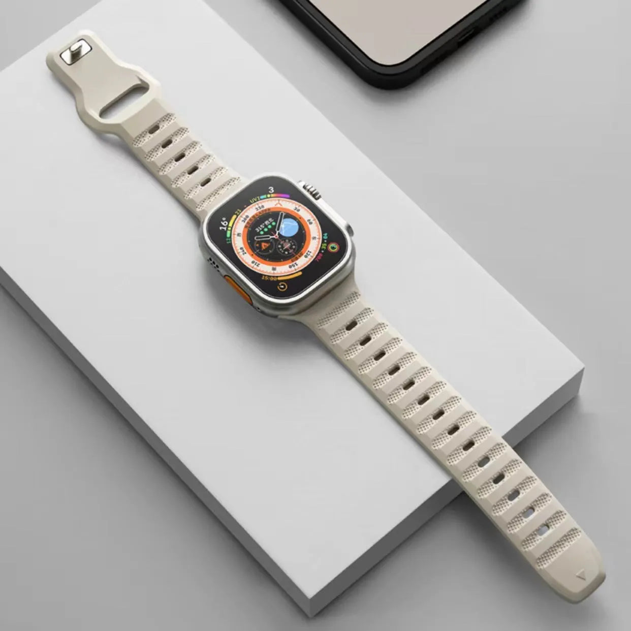 Fluoro rubber Apple Watch strap in multiple colours with T buckle, compatible with Ultra and Series 8 to 1 models.
