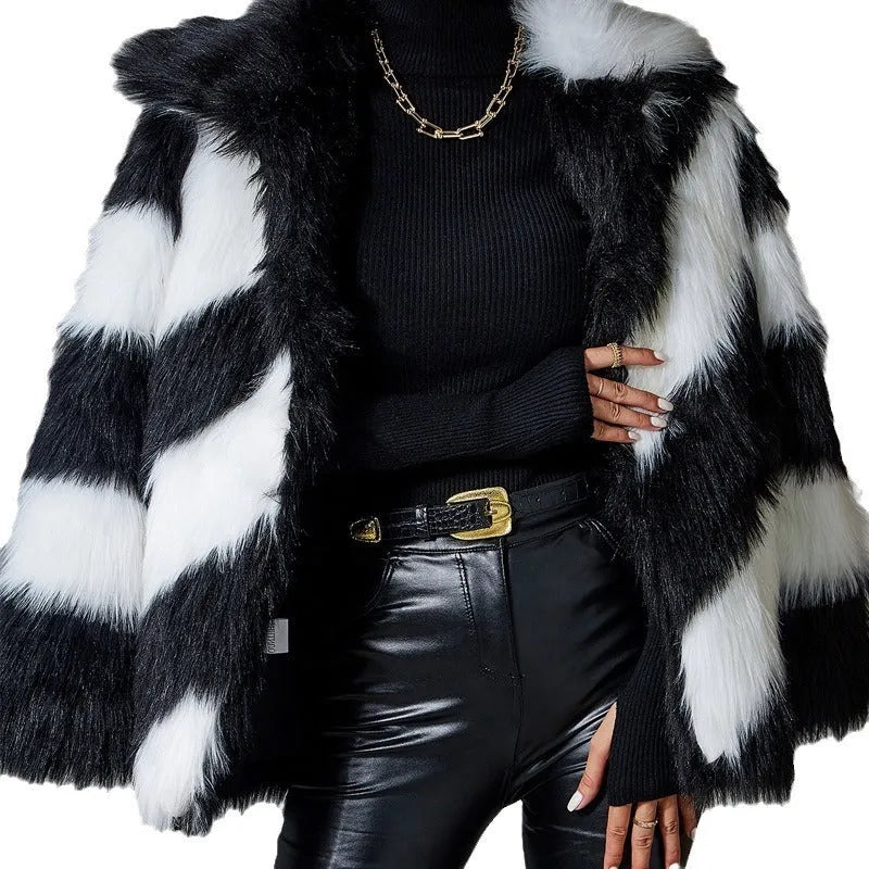 Faux fur coat with contrast lapel and fur collar in normal 50cm length