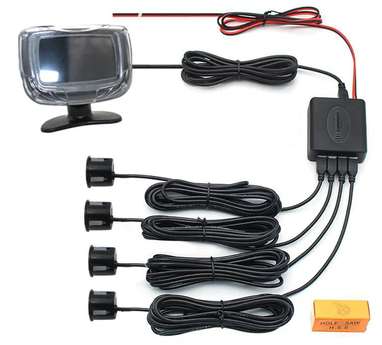 Intelligent wireless reversing sensor system with digital display, LED light bar, and four vehicle probes.