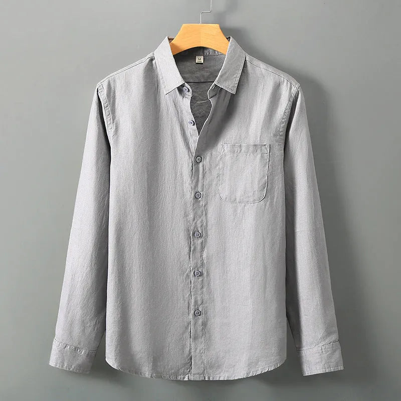 Linen long sleeve cardigan shirt in a loose Chinese style, shown in a solid colour.