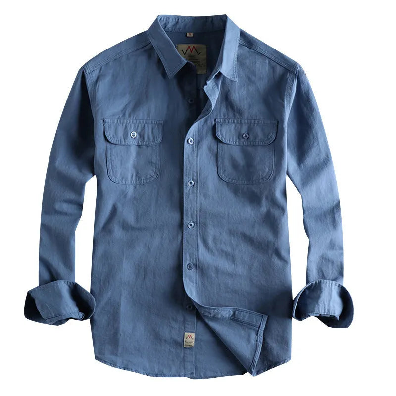 Men's solid colour cotton long sleeve cardigan shirt in light blue on hanger