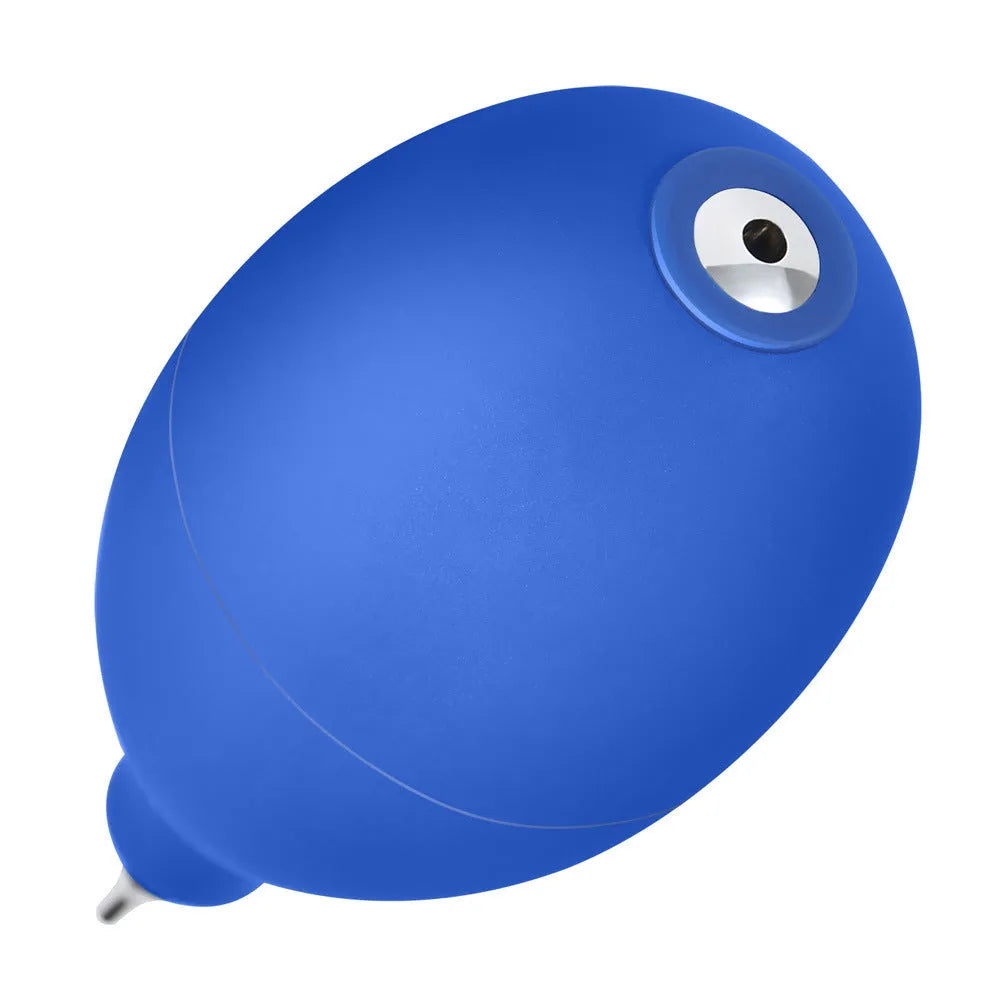 Blue rubber handheld dust blower cleaning tool for camera lenses and phones.