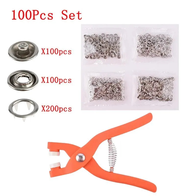 Stainless steel five claw clothing button with pliers tool for no-sew garment repair
