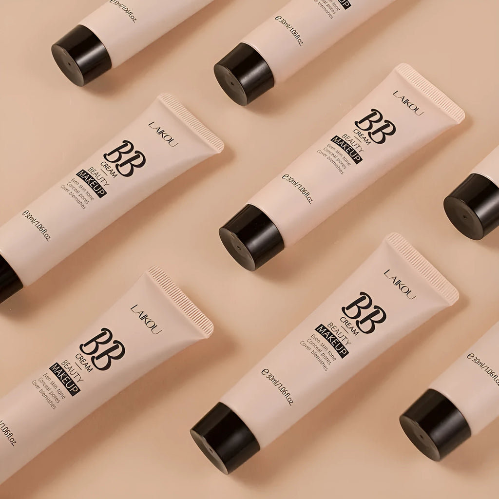 Natural Makeup BB Cream 30ml tube showing nine colour shades including ivory, medium skin, wheat, chocolate, and brown tones