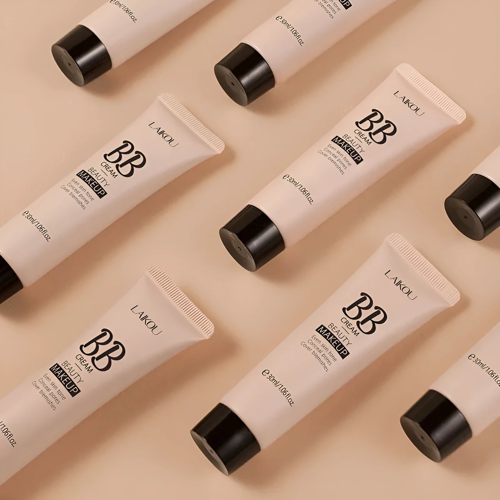 Natural Makeup BB Cream 30ml tube showing nine colour shades including ivory, medium skin, wheat, chocolate, and brown tones