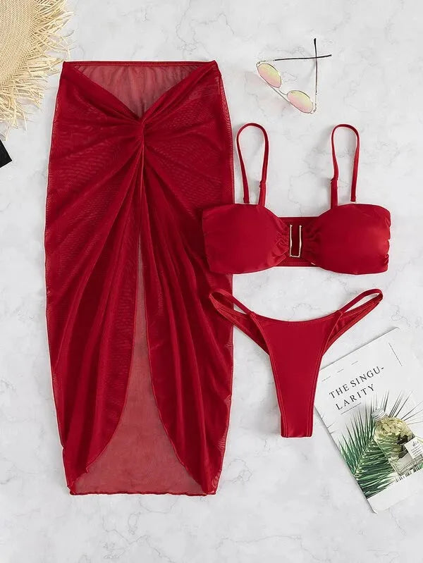 Women's three-piece bikini swim set with long culotte bottoms in multiple colour options