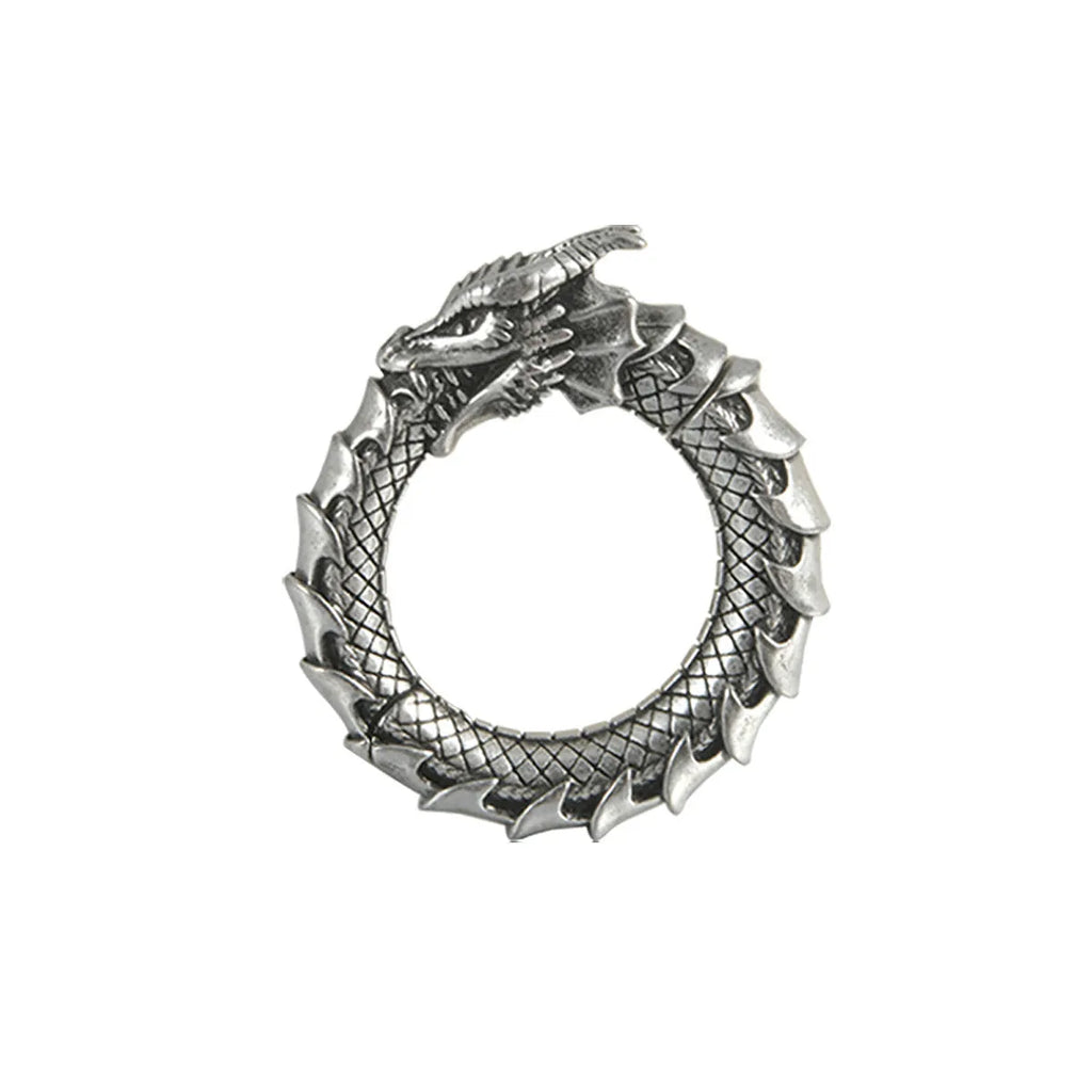 Pair of dragon motif alloy earrings with geometric hollow out design in antique silver colour