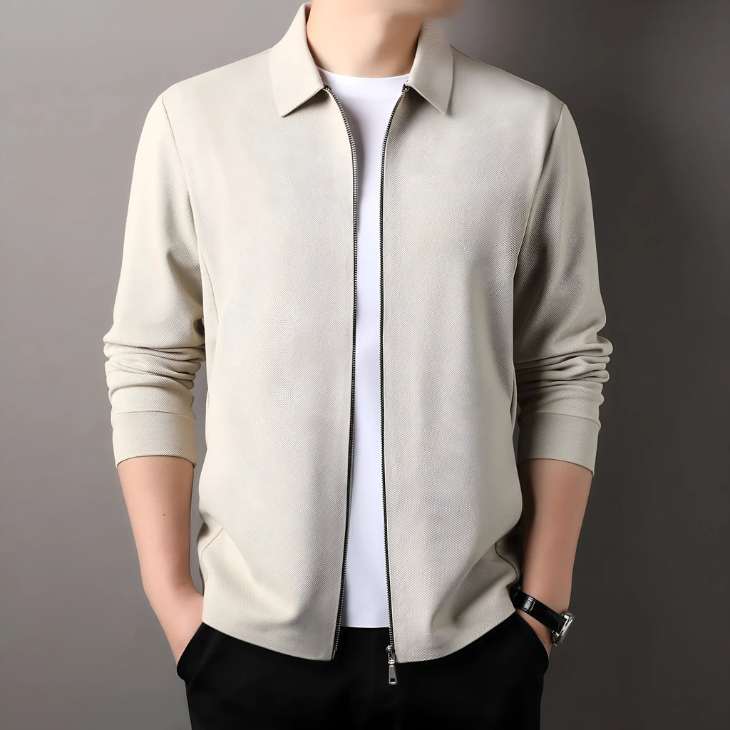 Men's high-grade casual business jacket in polyester, shown in a straight hem and regular sleeve design.