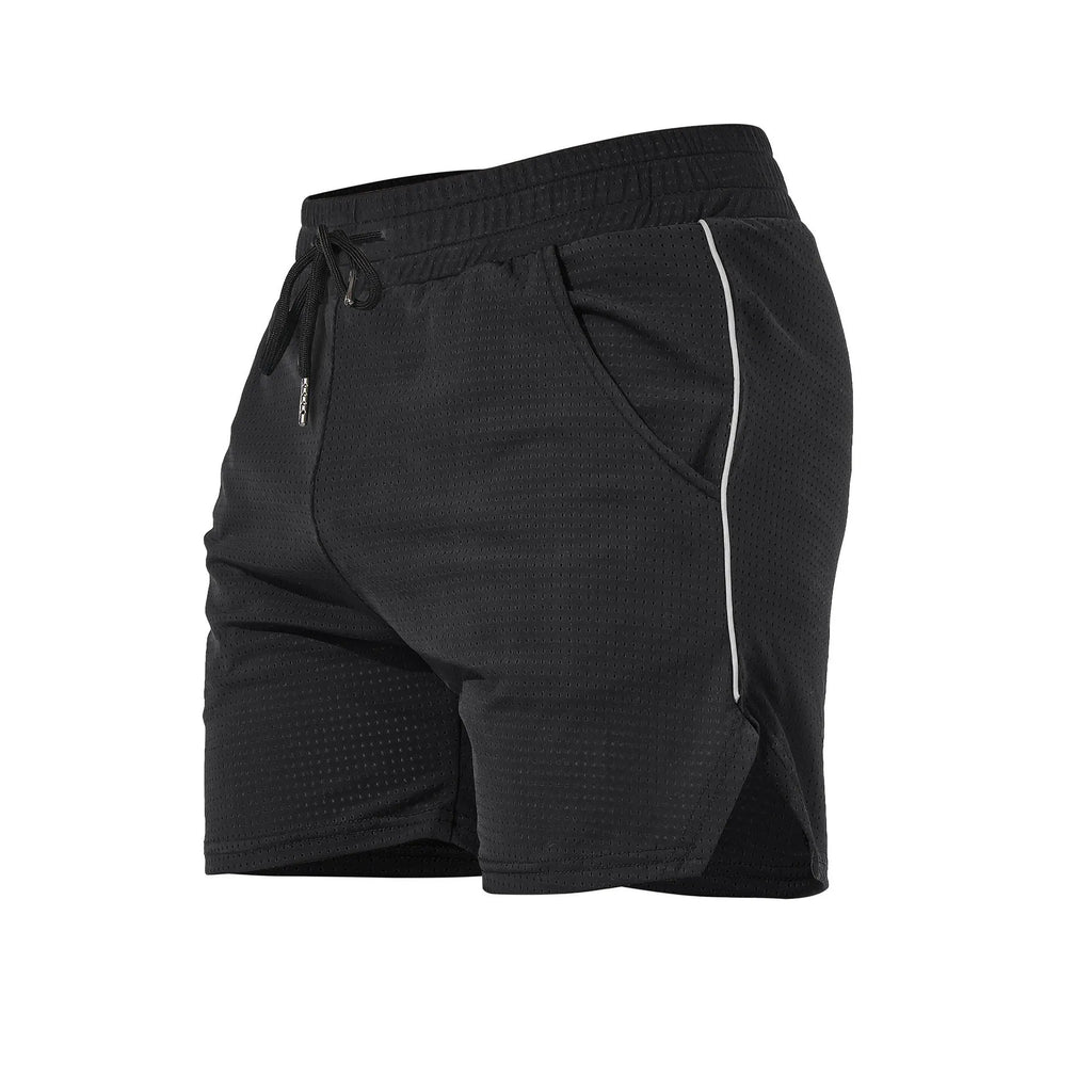 Men's straight-leg polyester sports shorts in black, available in sizes up to 3XL