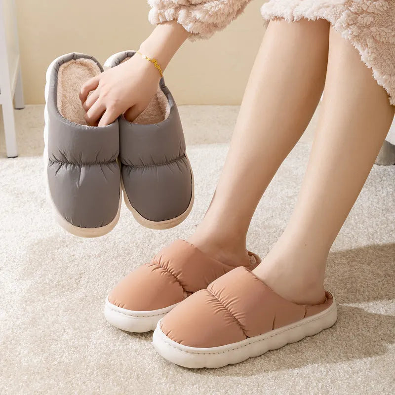 Down cotton indoor slippers with artificial leather upper and rubber sole in various colours