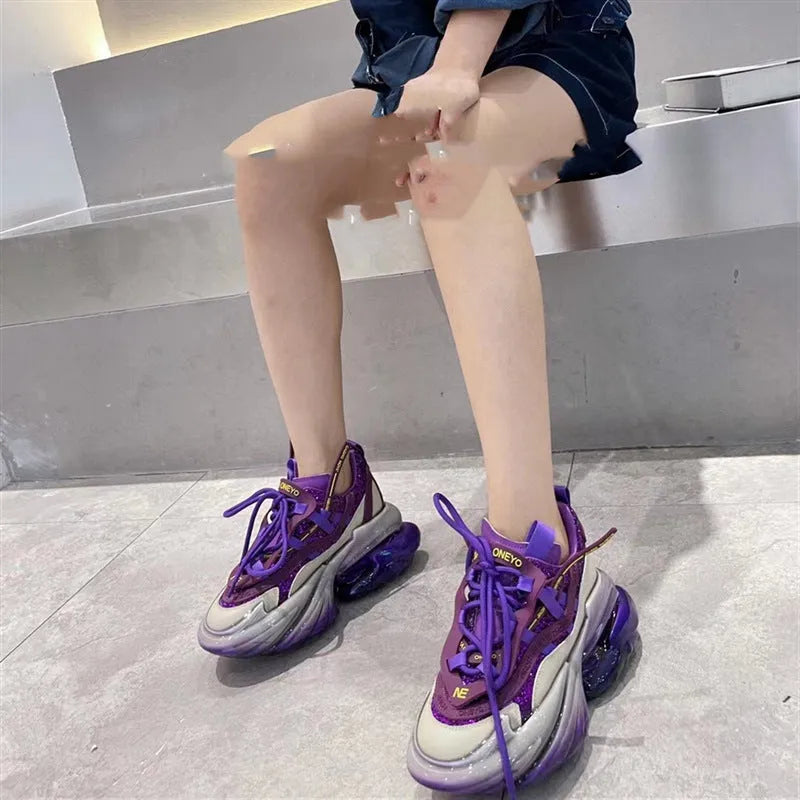 Women's leather jelly shoes with thick sole and cross-tie detail in green, blue, white, purple, or black.
