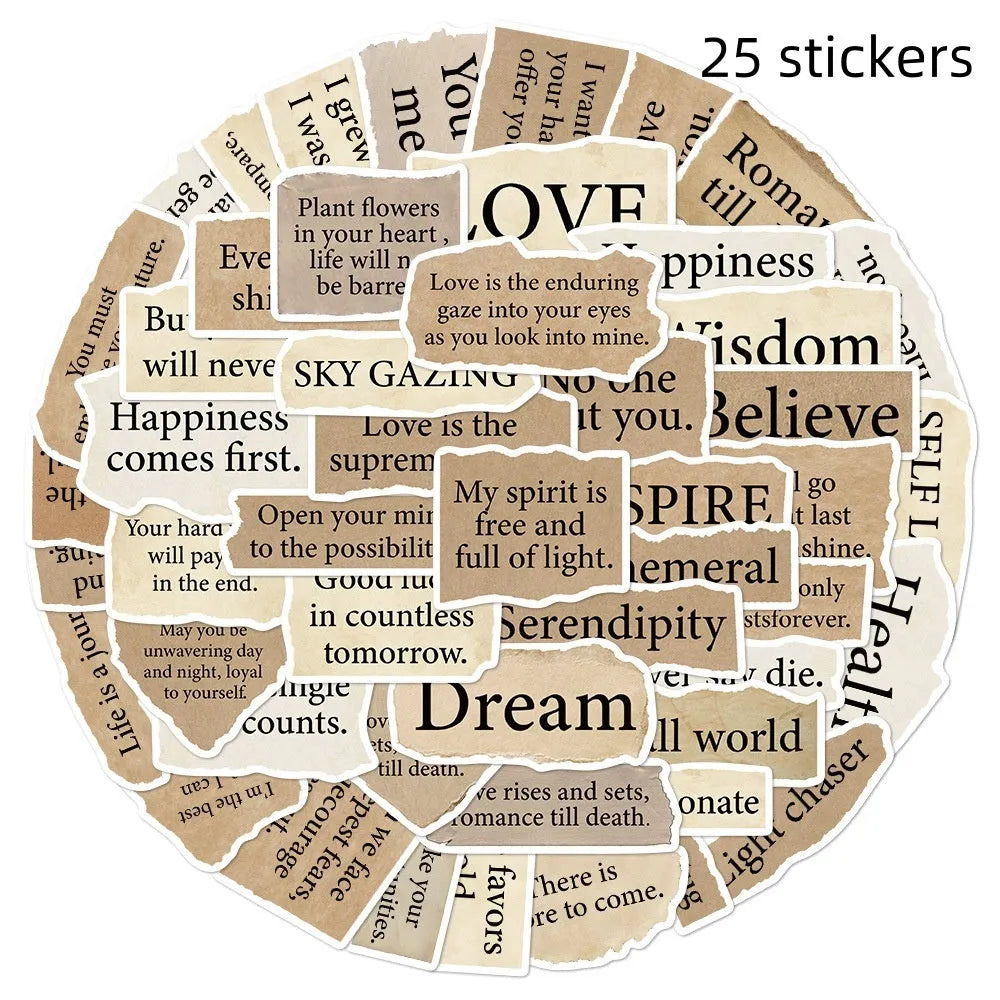 25 Torn English decorative laptop stickers in 4-7cm sizes with waterproof PVC construction