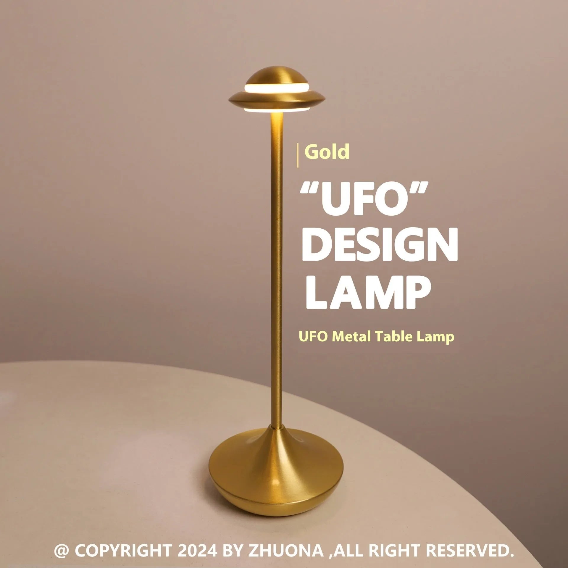 UFO-shaped metal table lamp with touch controls showing three colour dimming options