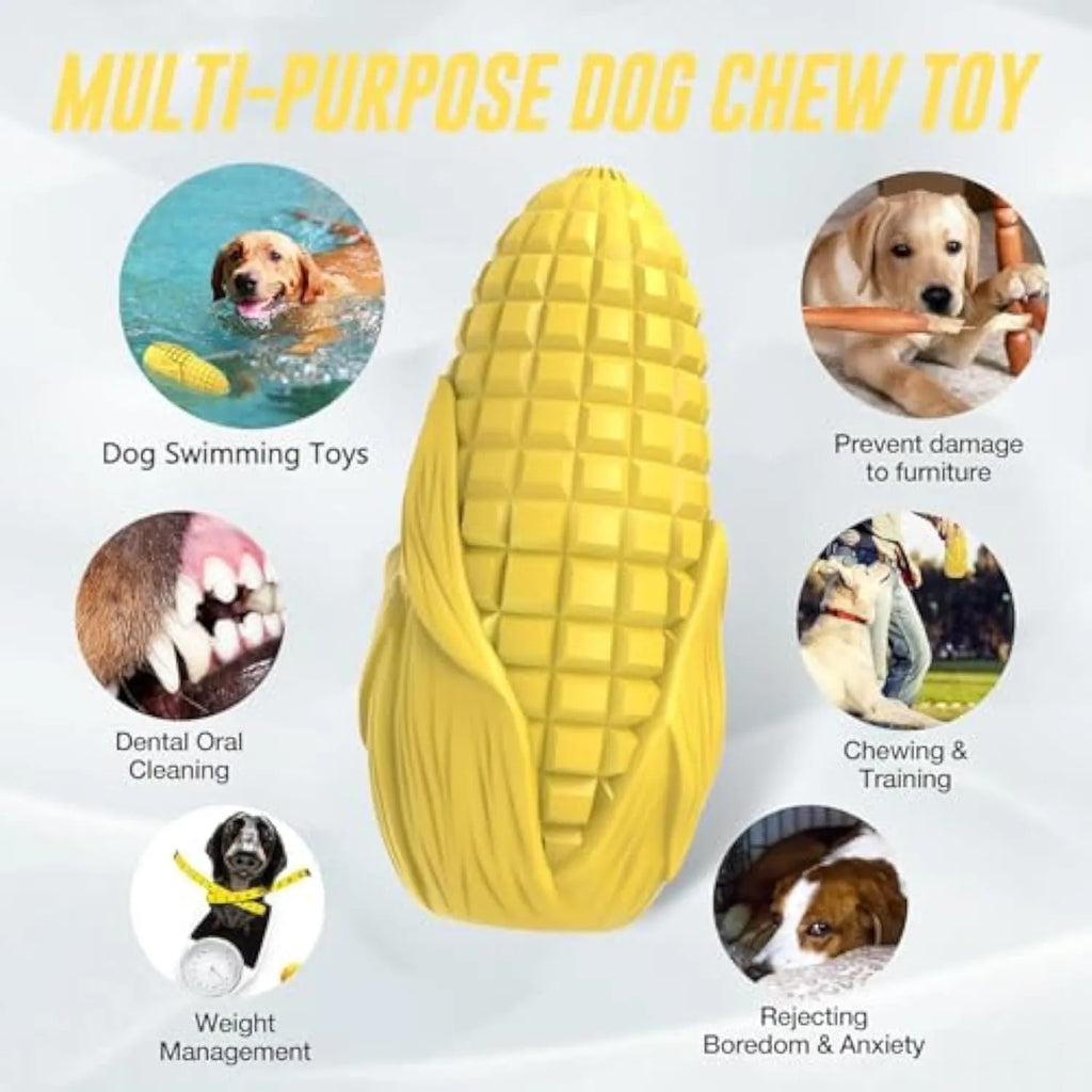 Blue and yellow corn-shaped durable dog chew toy for large breeds with squeaker and dental grooves.