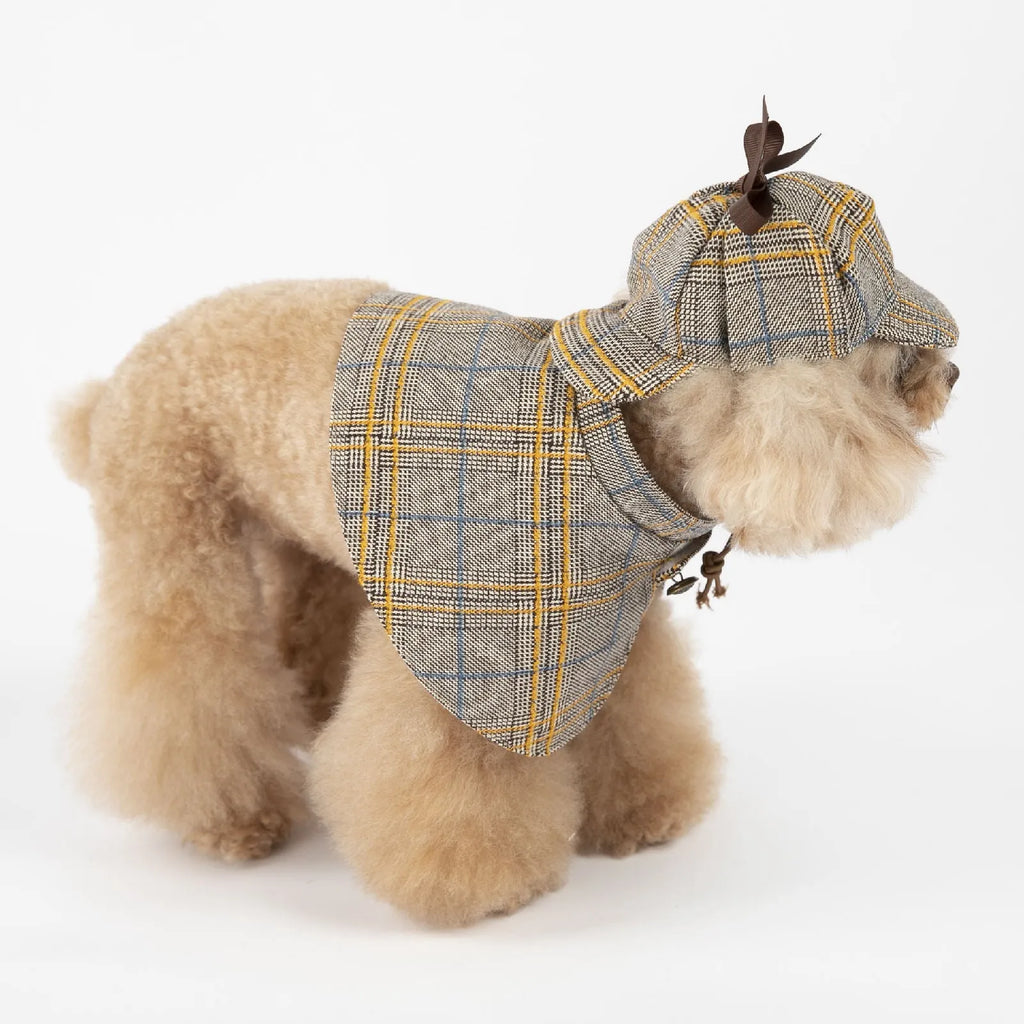 Camel-coloured personalised cotton cloak for a dog, shown with an adjustable hat.