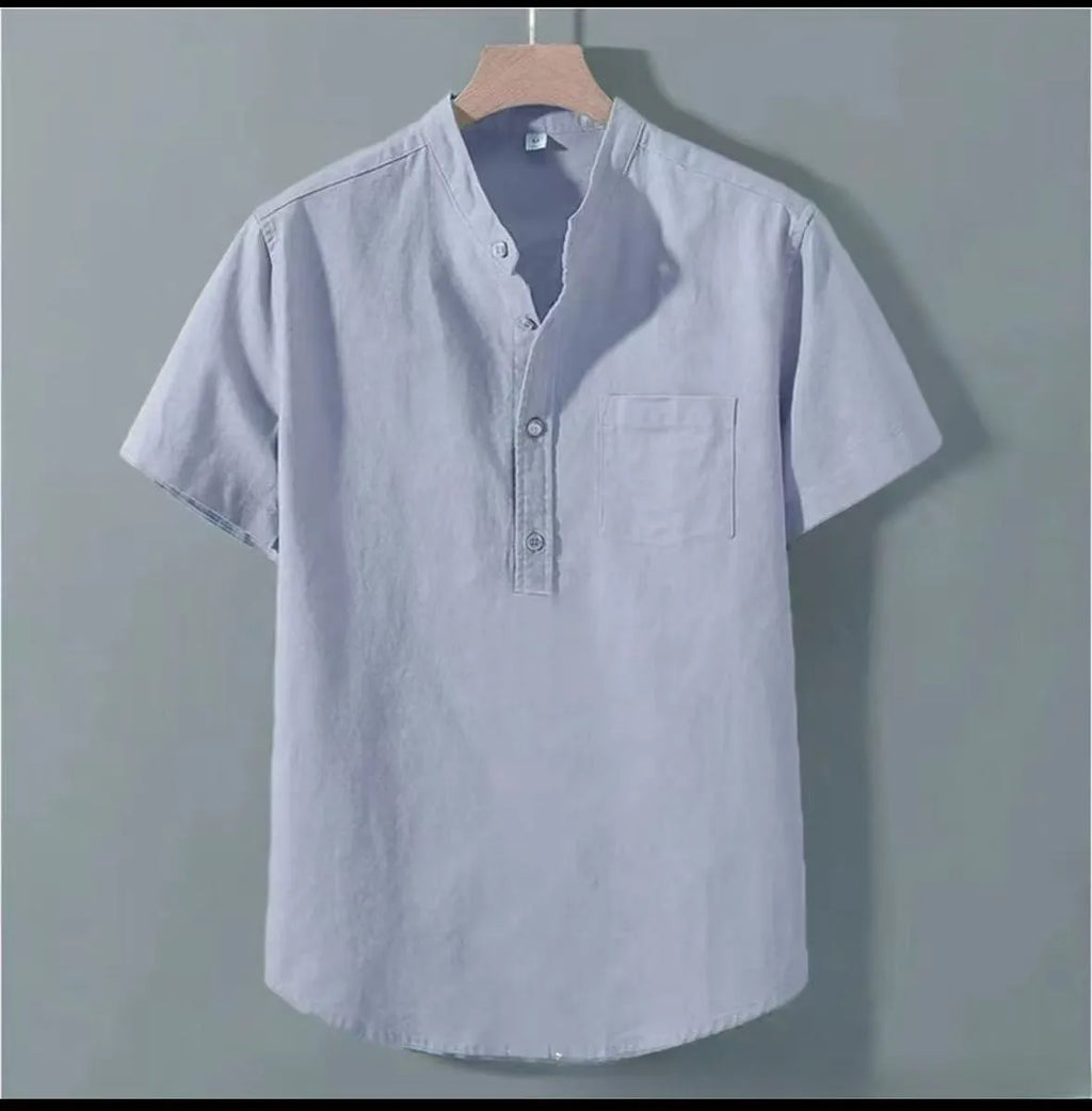 Men's casual beige linen short sleeve shirt with a stand collar and loose fit on a hanger.