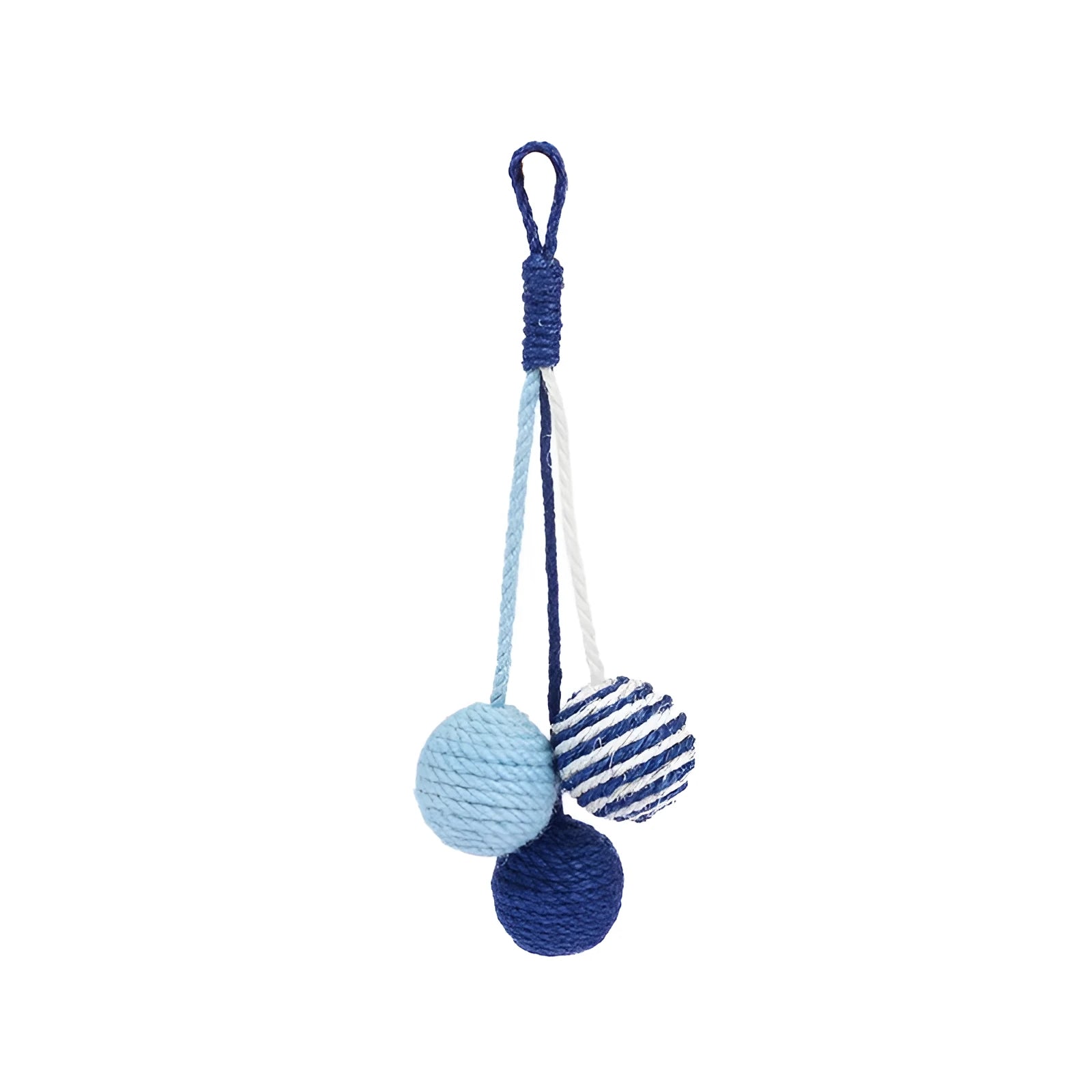 Set of three cat toys: a teaser stick, a catnip ball, and a self-play wand on a blue background.