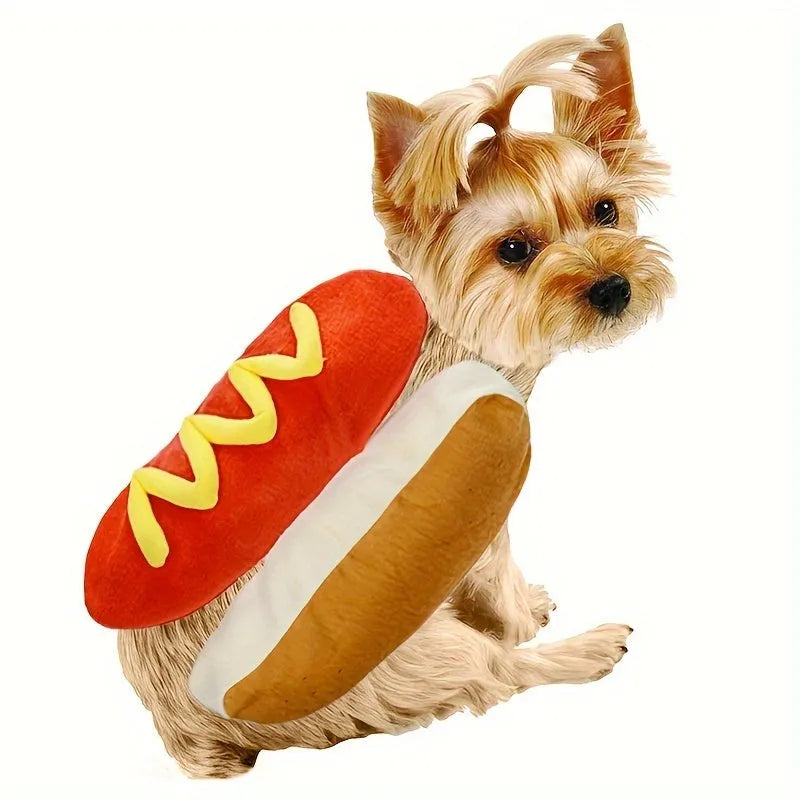 A small dog wearing a plush red and brown hot dog costume suit with mustard detailing.