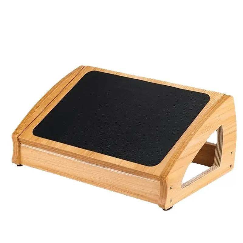 Adjustable bamboo wooden footstool in natural wood colour for office desk use