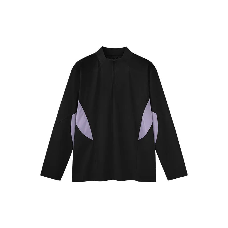 Men's solid colour polyester top showing stitching details and available in long or short sleeve black and beige options
