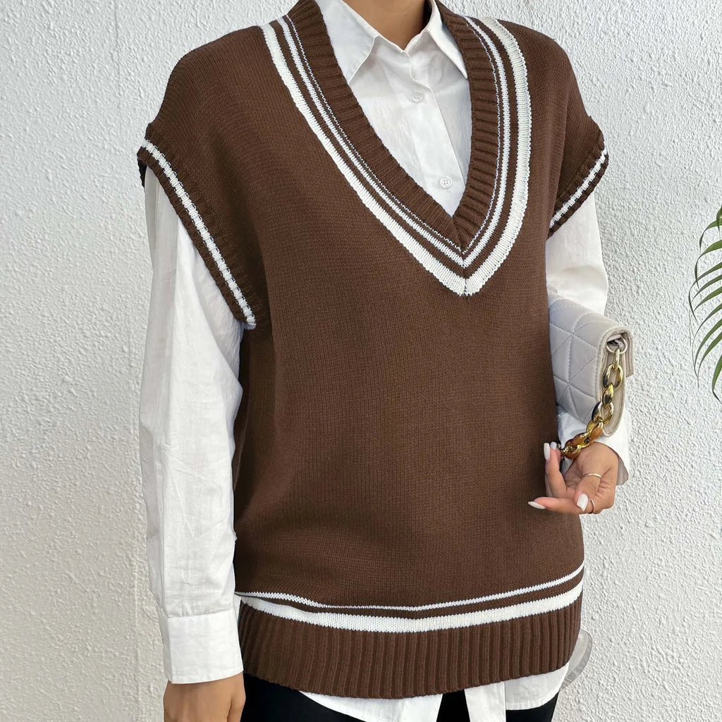 Women's loose college-style acrylic vest sweater in blue, coffee or black colours