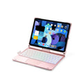 Black rotating backlit Bluetooth keyboard attached to a silver iPad, showing the 360-degree hinge.
