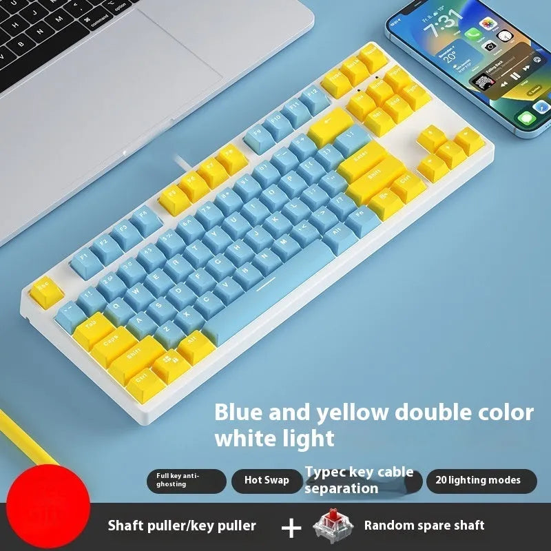 87-key wired mechanical keyboard with hot-swappable sockets showing colour options and included accessories