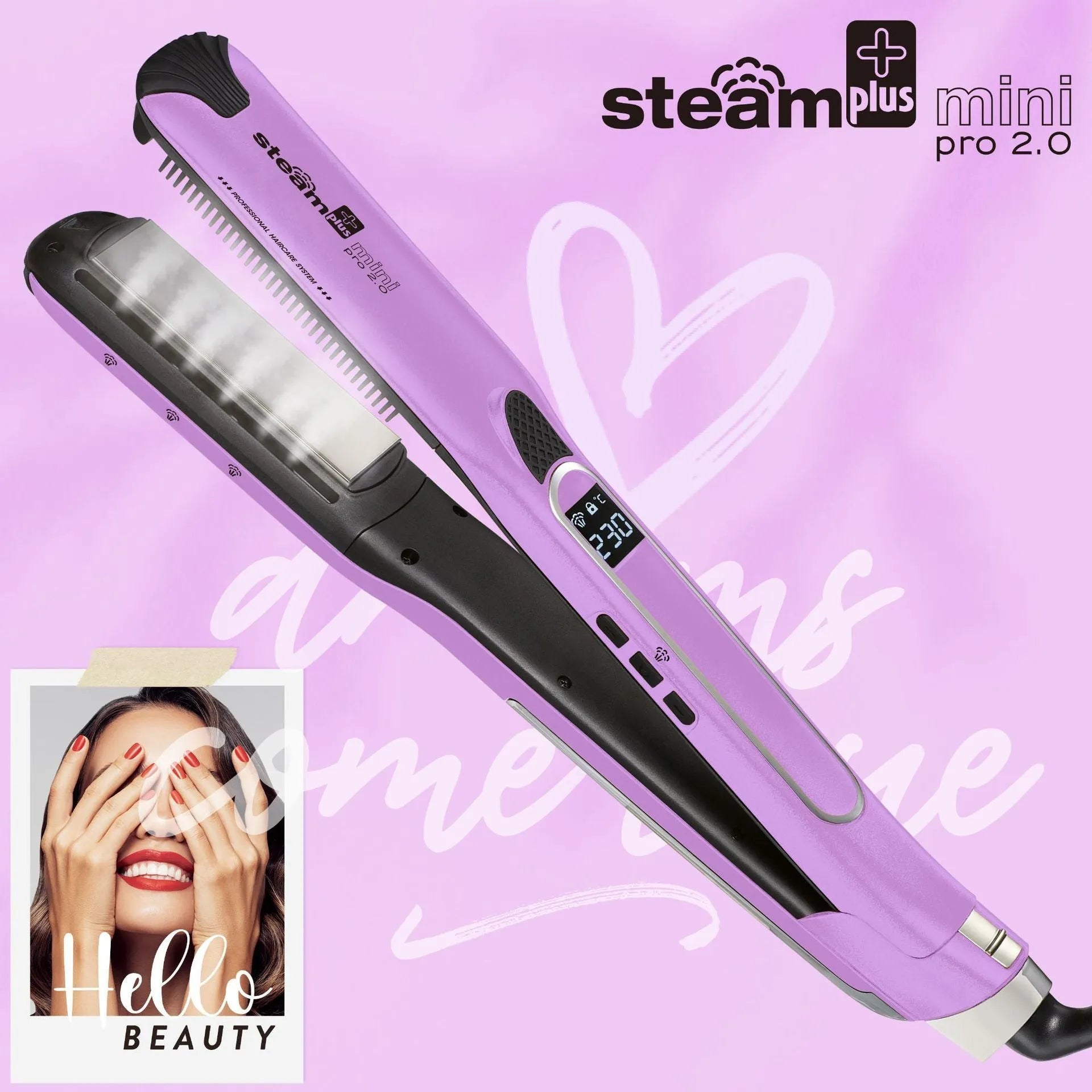 Mini hair straightener with steam spray function in rose red colour on a white background.