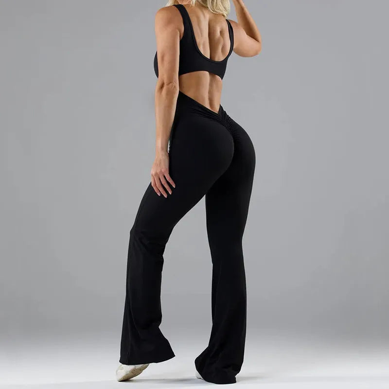 Women's tight yoga bodysuit jumpsuit in milk silk fabric with hollow seams and trousers length