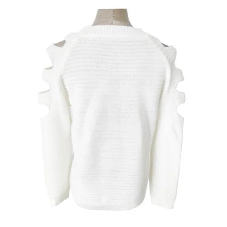 Women's grey knitted round neck shirt with decorative hollow-out long sleeves.