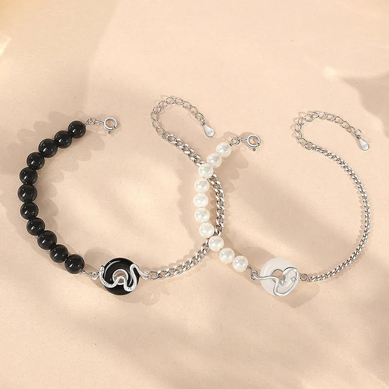 925 sterling silver couple bracelets with snake charms and safety buckle clasps
