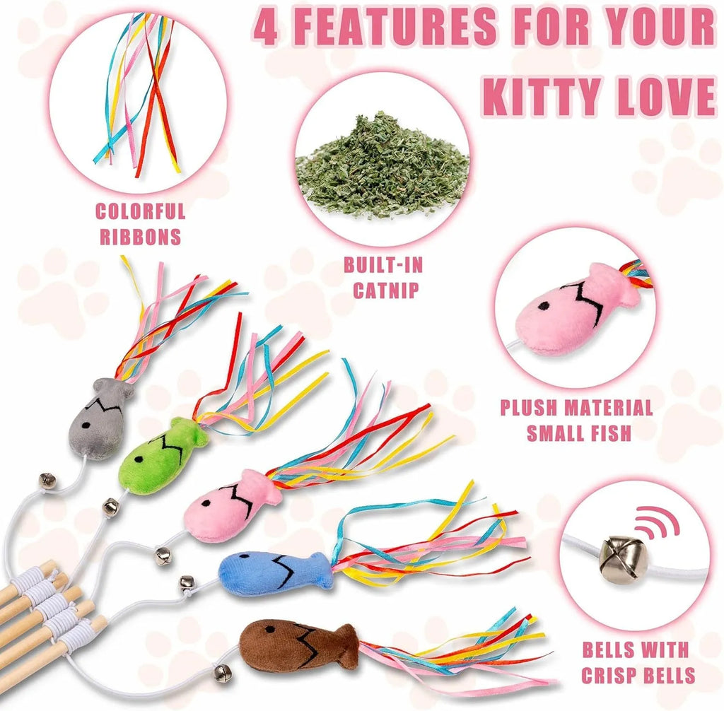 Cat wand toy with colourful ribbons, catnip fish, and bell on wooden handle