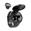 Black detachable smart bracelet and Bluetooth headset combo showing colour screen and earbuds.