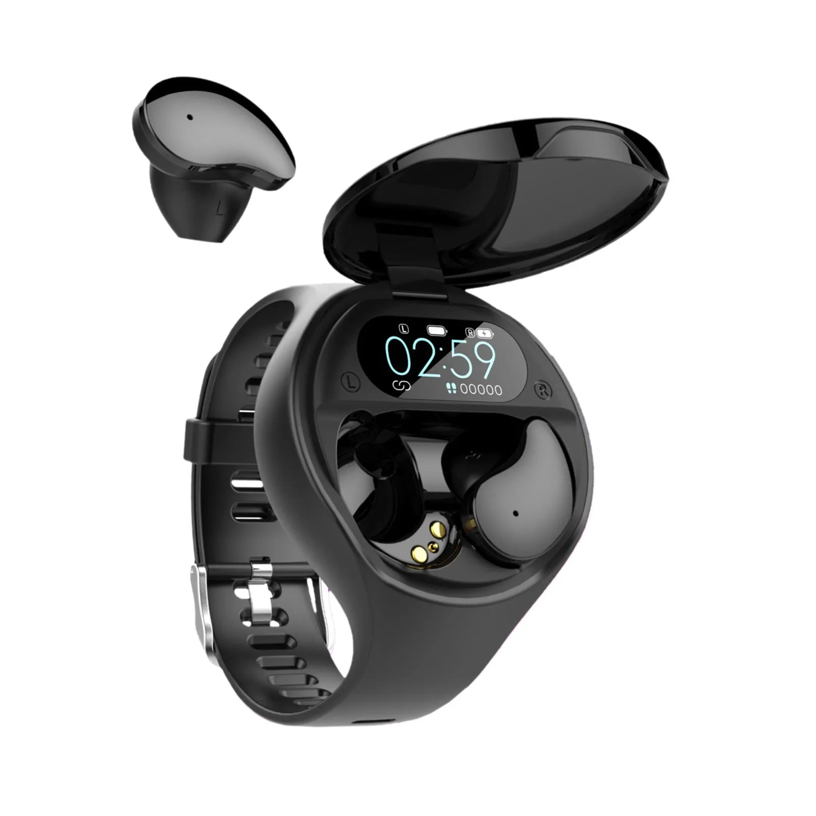 Black detachable smart bracelet and Bluetooth headset combo showing colour screen and earbuds.