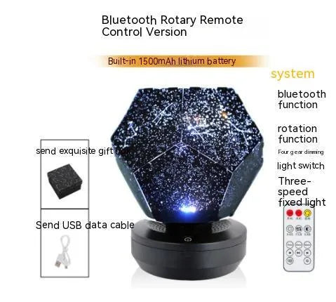 LED starry sky projector night lamp showing constellation projection on a bedroom ceiling.