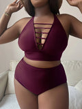 Plus size woman in a solid green halter bikini with adjustable straps and high waist briefs.