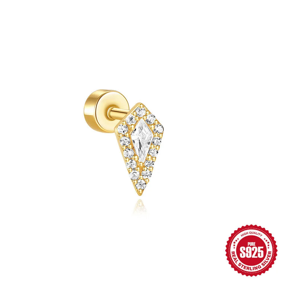 S925 sterling silver flat column geometric ear bone studs with thread detail in a gold colour finish