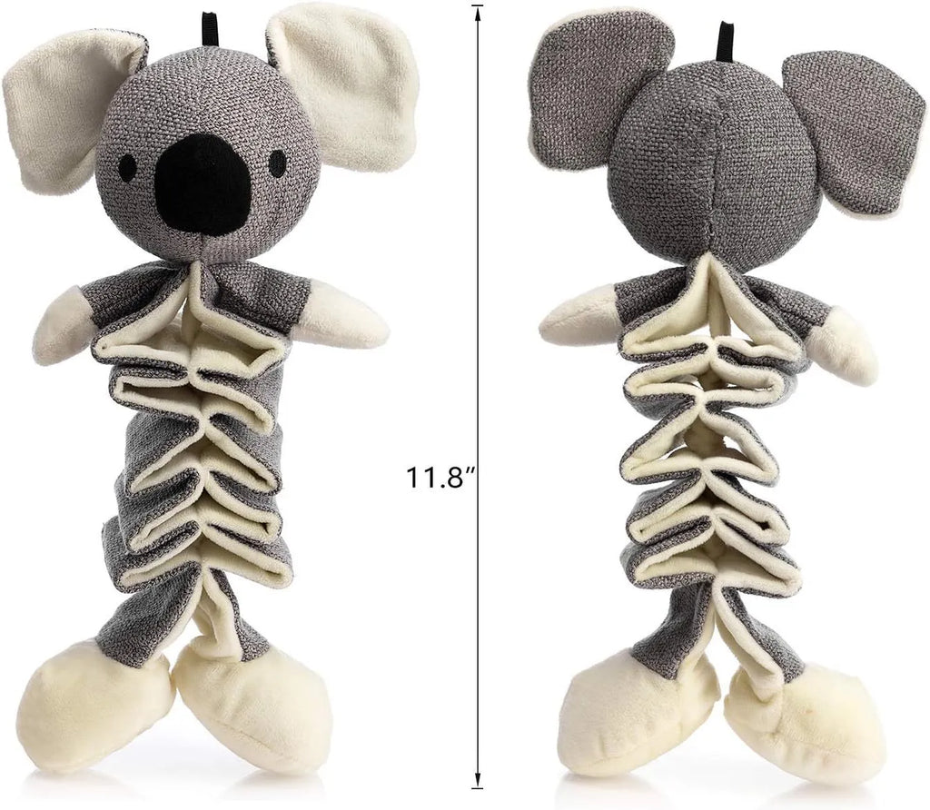 Grey koala plush dog toy measuring 30cm with rope reinforcement and crinkle paper inside.